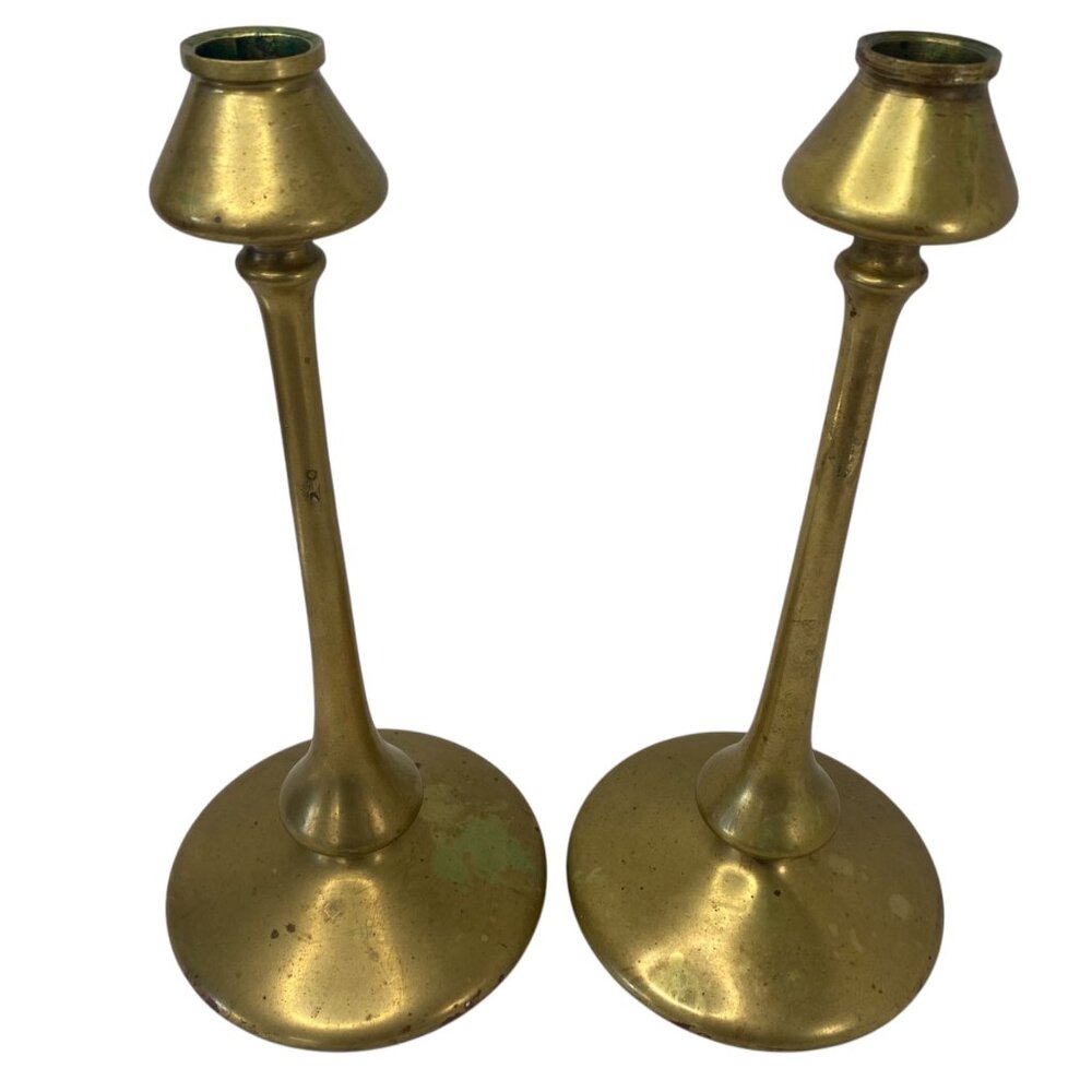 Pair Vintage Brass Heavy Taper Candlesticks Mantelpiece Art Decor Church 12"